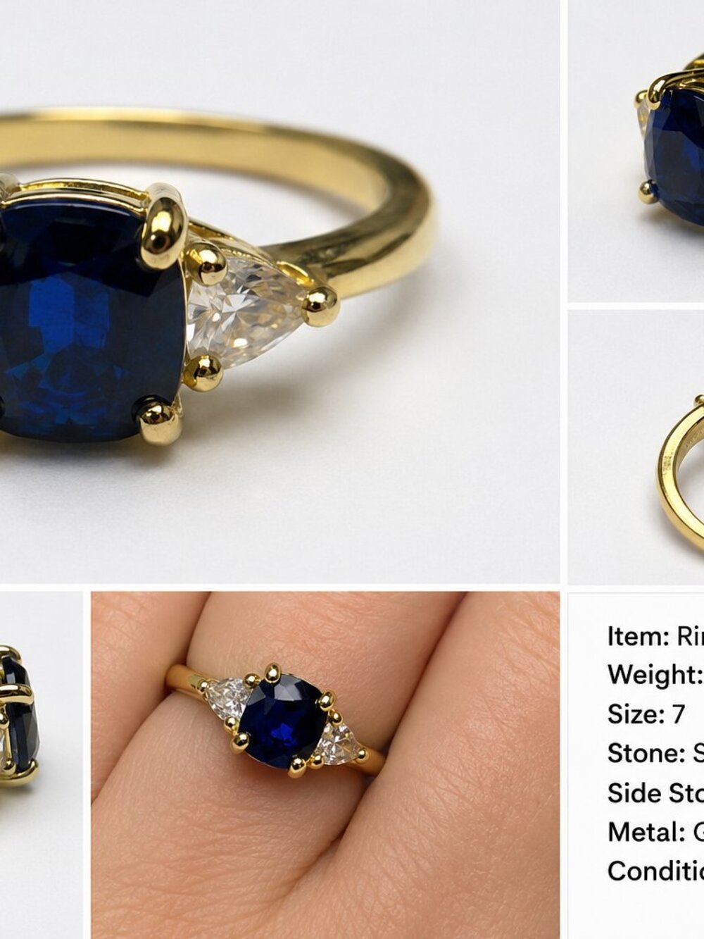 Ring-28-G-6-Vintage Sapphire Blue Oval CZ Ring Gold Tone Statement Ring Gift for